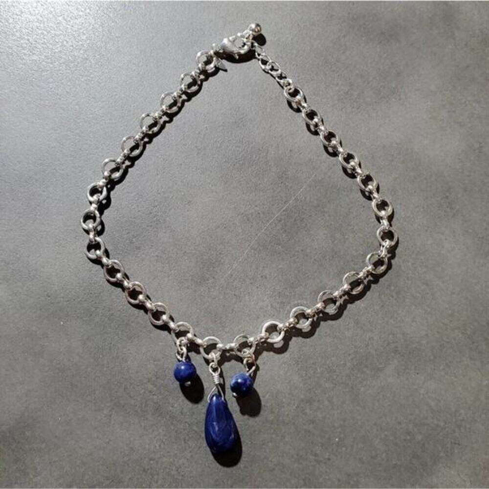 Avon Silver Tone Blue Marbled Teardrop Charm Cable Link Necklace Vintage